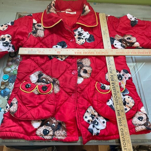 Vintage 60s Kids Pajama Set Size XL Heavy Quilted Dog Print Sleepwear Red Red - Picture 9 of 16